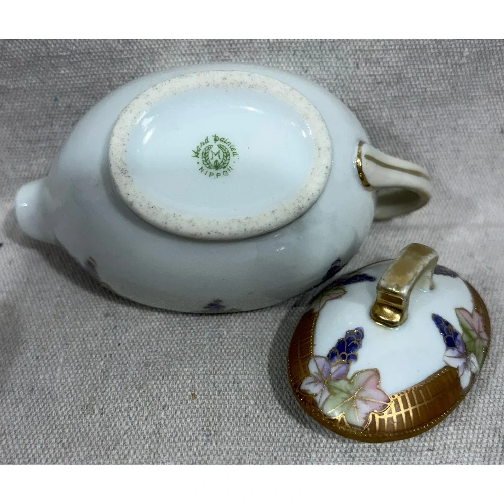 Antique Nippon Hand Painted Wisteria Porcelain Mustard Pot Gold Moriage 1911